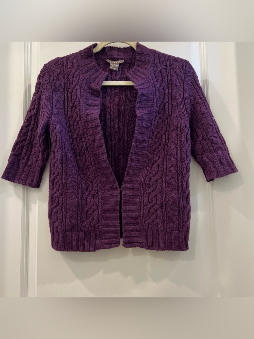 Kenar 100% cashmere Cable Knit Open Front Cardigan Purple elbow length sleeves S
